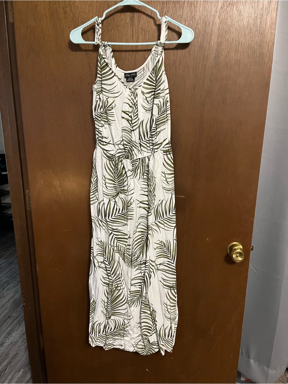 City Chic Cream Maxi Dress with Olive Palm Print